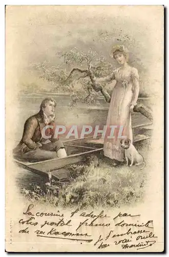 Fantaisie - Couple - at riverside - chien - dog - Ansichtskarte AK