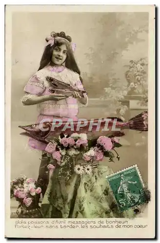 Cartes postales Fantaisie Enfant Jolis poissons d&#39avril messagers de bonheur Portez leur sans tarder les souh