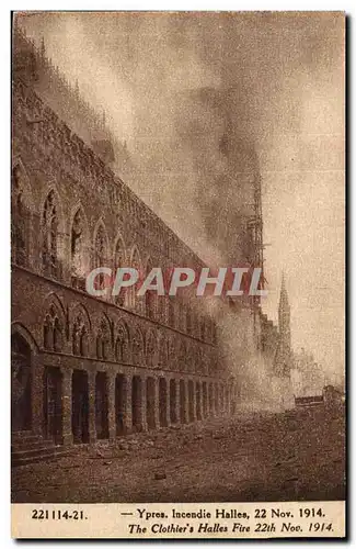 Belgie Belgique Ypres Ansichtskarte AK Incendie Halles 22 nov 1914