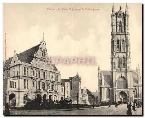 CARTE DOUBLE Panorama de l'eglise St Bavon et the theatre flamand