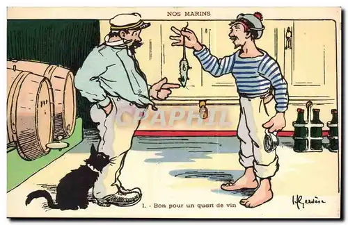 Nos Marins- Bon pour un quart du vin- chat-rat-bateau-Cartes postales Illustrateur Gervese