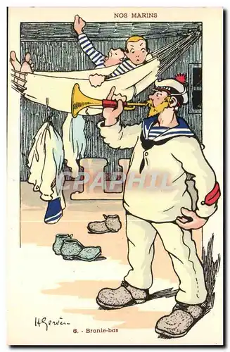 Nos Marins-Branle bas-trompette-bateau-Cartes postales Illustrateur Gervese