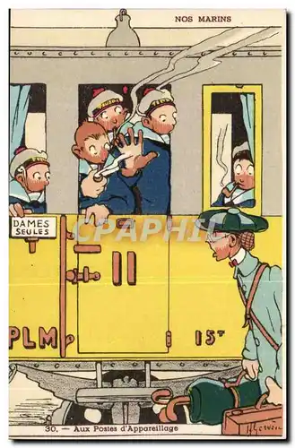 Nos Marins- Aux Poste d&#39Appareillage-train-Dames Seules-bateau-Cartes postales Illustrateur Gervese
