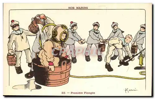 Nos Marins- Premiere Plongee-bateau-Cartes postales Illustrateur Gervese