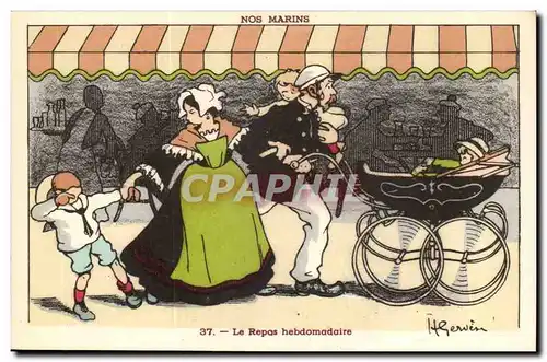 Nos Marins- Le Repas hebdomadaire-enfant-pousette-bateau-Cartes postales Illustrateur Gervese
