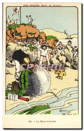 Nos Marins- Serie de Guerre- La mine echouee-bateau-Cartes postales Illustrateur Gervese