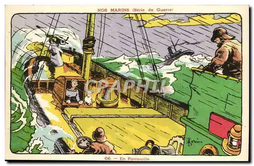Nos Marins- Serie de Guerre-En Patrouille-bateau-Cartes postales Illustrateur Gervese
