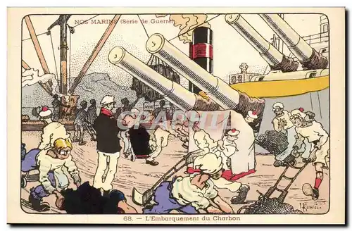 Nos Marins- Serie de Guerre-L&#39Embarquement du Charbon-canon-bateau-Cartes postales Illustrateur Gervese