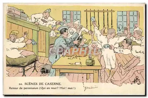 FAntaisie Cartes postales Scenes de caserne Retour de permission Militaria Illustrateur Humour