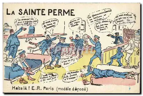 FAntaisie Cartes postales Militaria LA Sainte Perme Halte la ! Humour