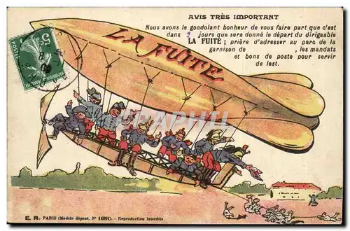 FAntaisie Cartes postales Militaria Dirigeable La fuite Pompiers