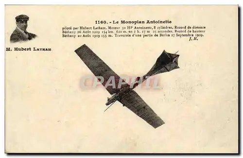 Cartes postales Le monoplan Antoinette par Hubert Latham (avion plane)