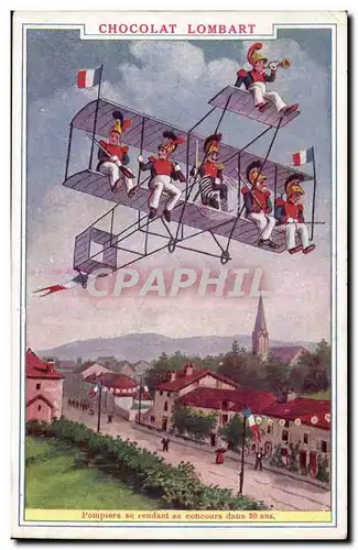 Cartes postales Chocolat Lombart Pompiers se rendant au concours dans 20 ans (AvION plane humour)