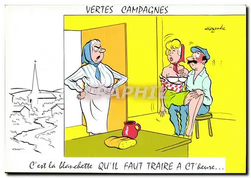 Cartes postales Humour Vertes campagnes C&#39est la blanchette qu&#39il faut traire a ct&#39heure illustrateur A