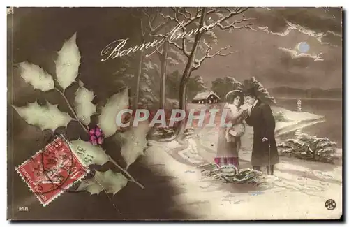 Fantaisie - Bonne Annee - Couple - branch of holly - Cartes postales