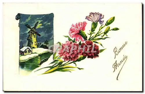 Cartes postales Fantaisie Bonne annee Fleurs (moulin mill)