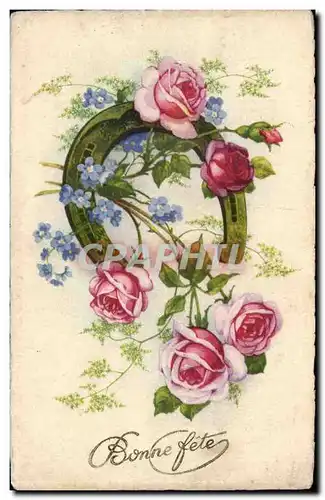 Cartes postales FAntaisie Bonne fete Fer a cheval Fleurs