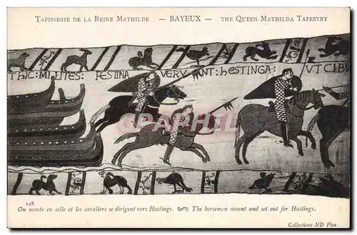 Bayeux - Tapisserie de la Reine Mathilde On monte en selle et les cavaliers se dirigent vers Hasting