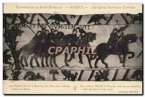 Bayeux - Tapisserie de la Reine Mathilde Guy conduit Harold a Beaurin tous deux sont a cheval l&#39o