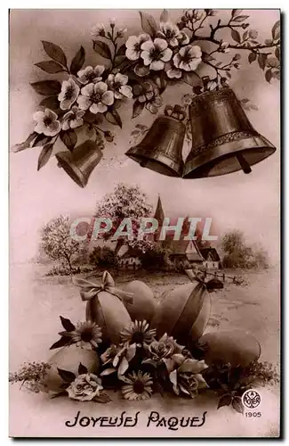 Fantaisie - Paques - Joyeuses Pcque - cloches - oeufs - bells and eggs easter - Cartes postales