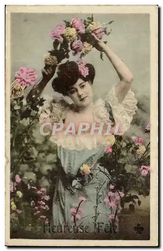 Fantaisie - Heureuse Fete - Femme avec fleurs - Ansichtskarte AK