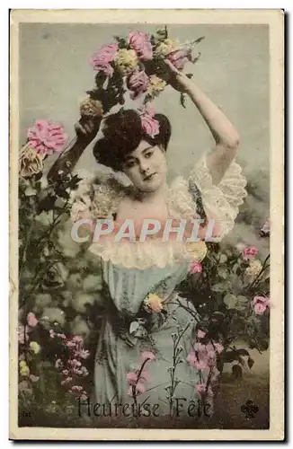 Fantaisie - Heureuse Fete - Femme avec fleurs - Cartes postales