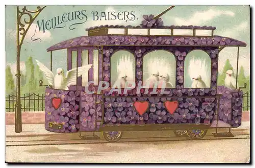 Fantaisie - Meileurs Baisers - Oiseau - Colombe - Doves riding the tramway of love - Cartes postales