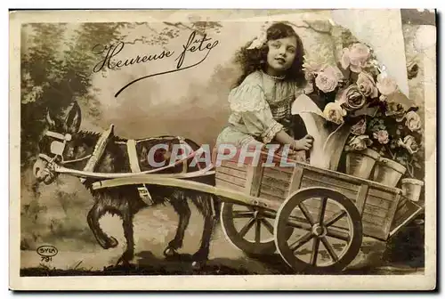 Fantaisie - Enfants - ane - donkey driven cart with adorable little girl - Cartes postales