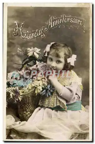 Fantaisie - Fete - Enfant - Heureux Anniversaire - child with bursting basket of flowers - Cartes postales