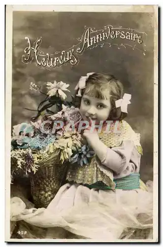 Fantaisie - Fete - Enfant - Heureux Anniversaire - child with bursting basket of flowers - Ansichtskarte AK