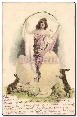 Fantaisie - Femme - Paques - lapin - Woman hatching from easter eggs rabbits - Ansichtskarte AK