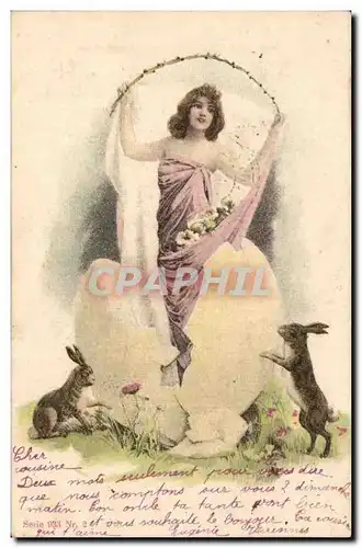 Fantaisie - Femme - Paques - lapin - Woman hatching from easter eggs rabbits - Cartes postales
