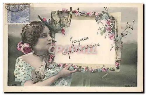 Cartes postales FAntaisie Joyeux anniversaire Fleurs Femme Oiseau