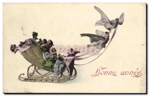 Cartes postales FAntaisie Bonne annee Fleurs Oiseau Traineau