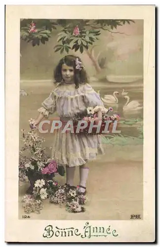 Cartes postales FAntaisie Bonne Annee enfant (cygnes swan)