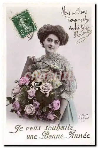 Cartes postales fantaisie Je vous souhaite une bonne annee Femme Fleurs