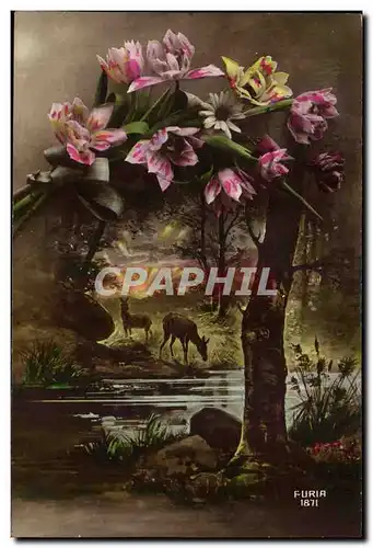 Cartes postales Fantaisie Fleurs Cerf Biche