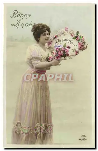 Cartes postales Fantaisie Voeux Bonne annee (femme et feurs) Mille amities