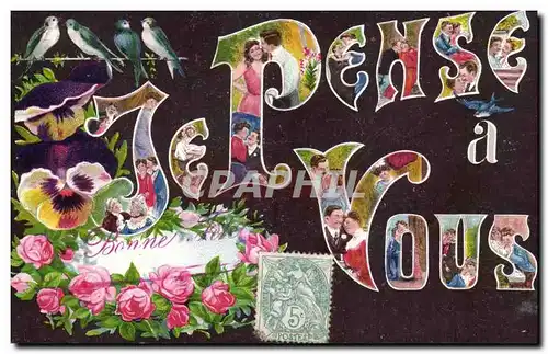 Cartes postales Fantaisie Je pense a vous Hirondelles