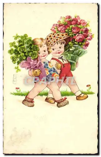 Cartes postales Fantaisie Enfants et bouquet