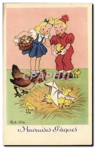 Fantaisie - Fete - Enfant - Heureuse Paques - poussin - coq - oeufs - Cartes postales