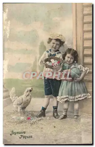 Fantaisie - Enfants - poulet - oeufs - Joyeuse Paques - Ansichtskarte AK