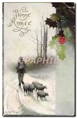 Bonne Annee - houx - holly - mouton - pli - tucks post card - Ansichtskarte AK