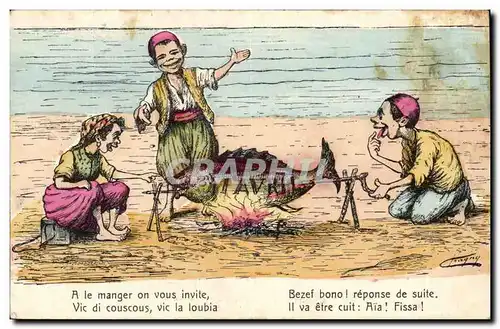 Cartes postales Illustrateur A le manger on vous invite Vi di couscous vic la loubia Alegerie Afrique Nord Fanta