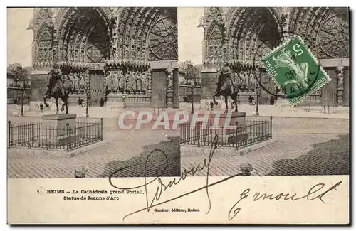 Reims Cartes postales La cathedrale Grand portail Statue de Jeanne d&#39arc