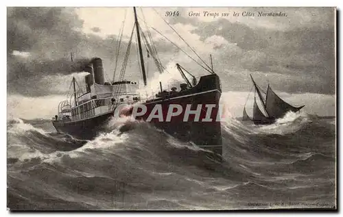 Cartes postales GRos temps sur les cotes normandes (bateau boat)