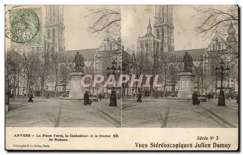 Belgique Anvers Cartes postales La place verte la cathedrale et la statue de Rubens (vues stereoscopiques Jules