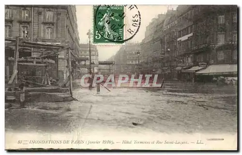 Paris - 8 - La Grande Crue de la Seine Janvier 1910 - Hotel Termunus et Rue Saint Lazare - Cartes postales