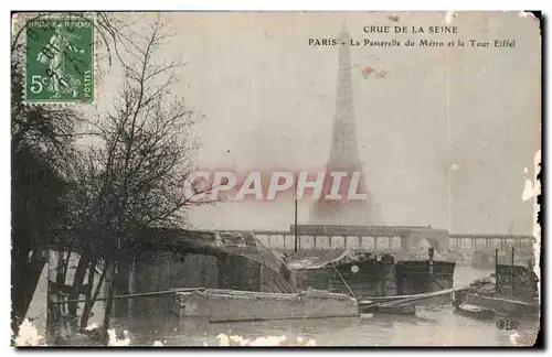 Paris - 7 - La Grande Crue de la Seine Janvier 1910 - La Passerelle du Metro et la Tour Eiffel - Cartes postales