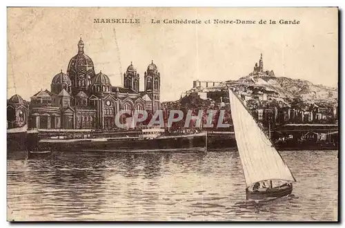 Marseille - La cathedrale et Notre Dame de la Garde - Voilier - bateau - Cartes postales